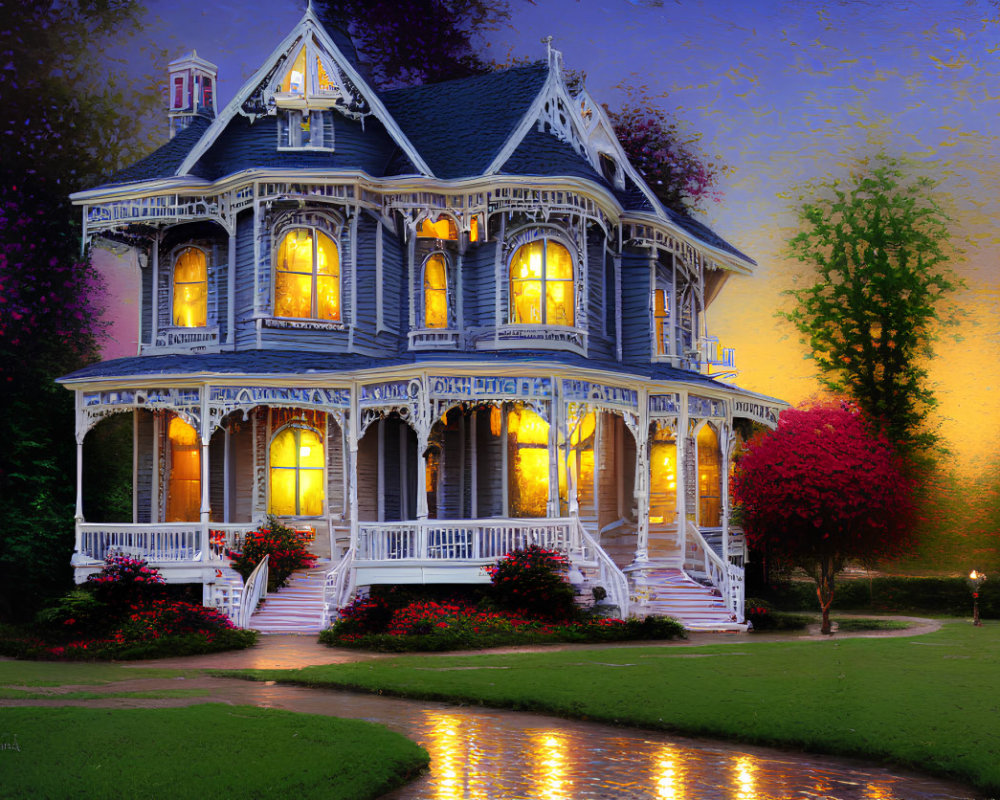 Victorian-style house with blue trim in twilight garden scene