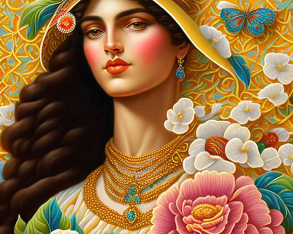 Portrait of woman with dark hair, rosy cheeks, decorated hat, flowers, butterflies