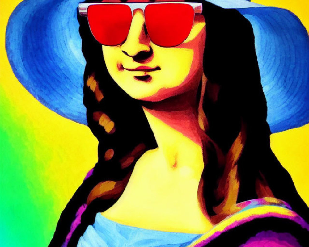 Colorful Mona Lisa with Blue Hat and Red Sunglasses on Yellow Background