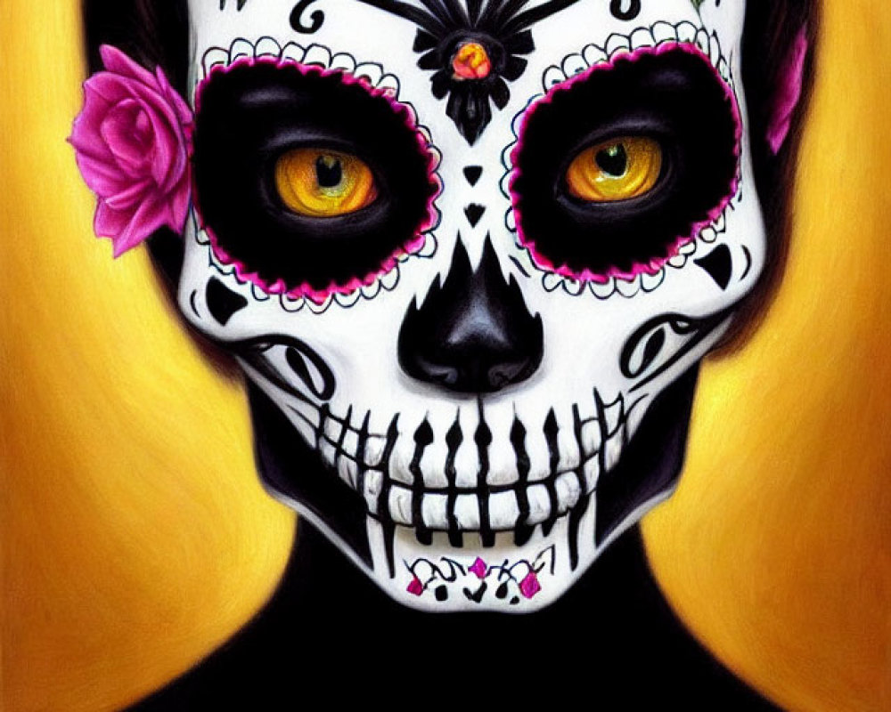 Person with Día de los Muertos skull makeup and pink flowers on yellow background