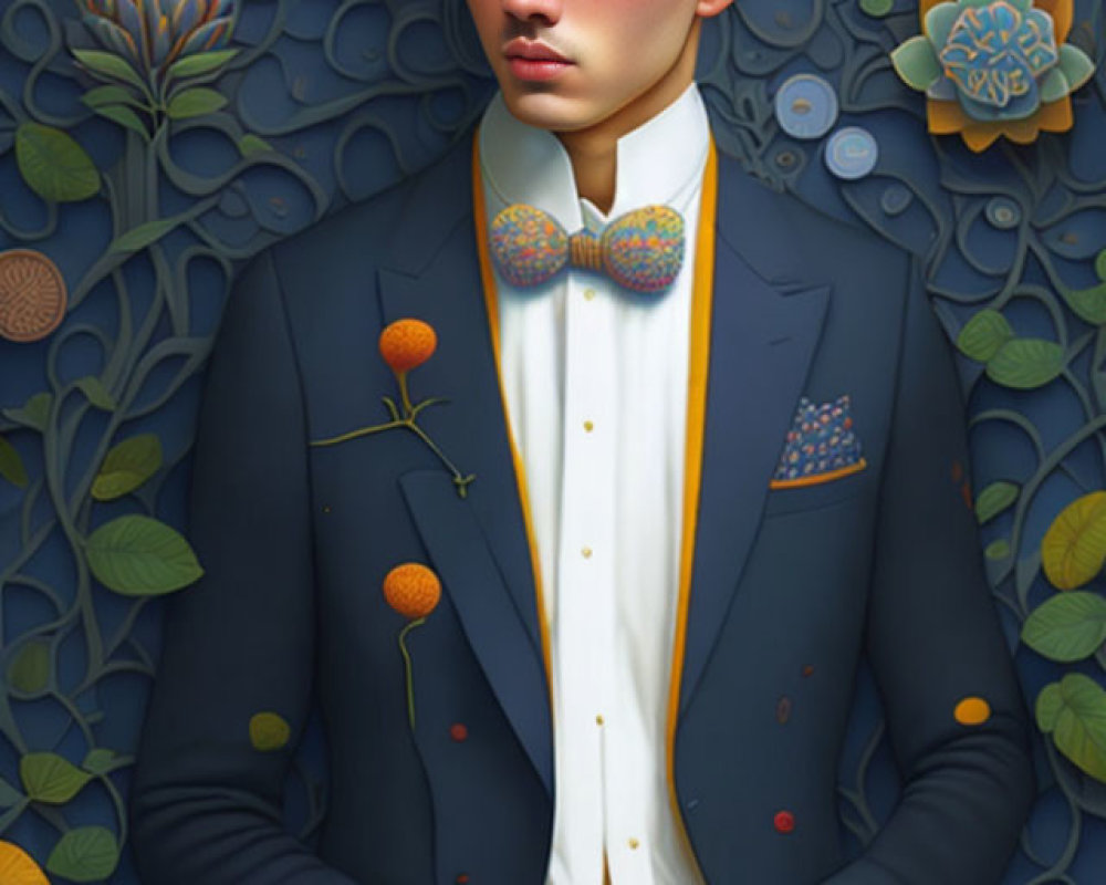 Stylized portrait of a man in blue suit with floral bow tie and botanical background