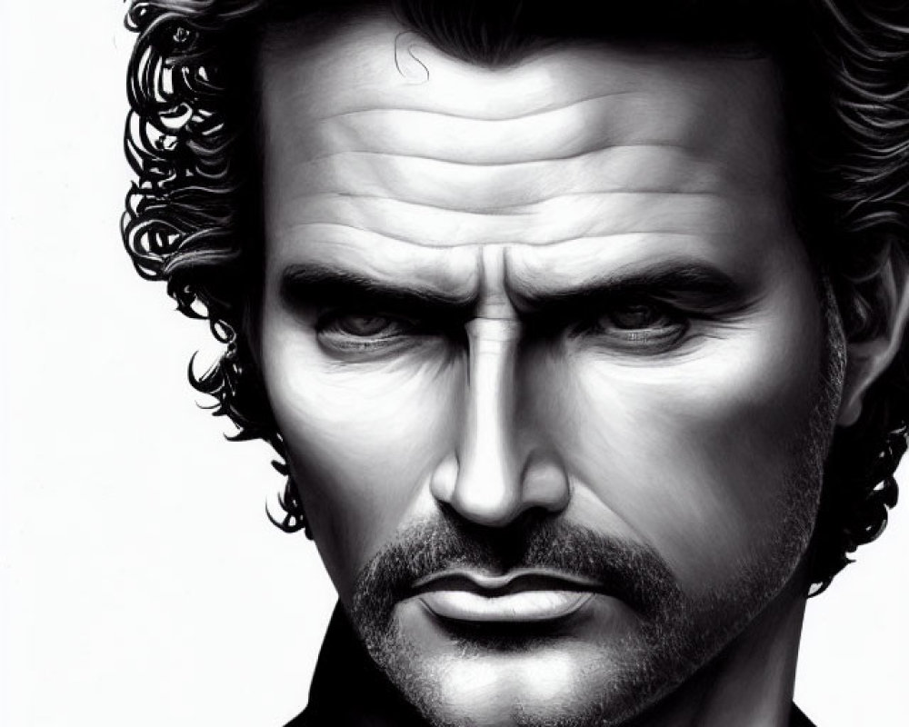 Detailed monochrome illustration of man with curly hair, intense gaze, stubble, black shirt.