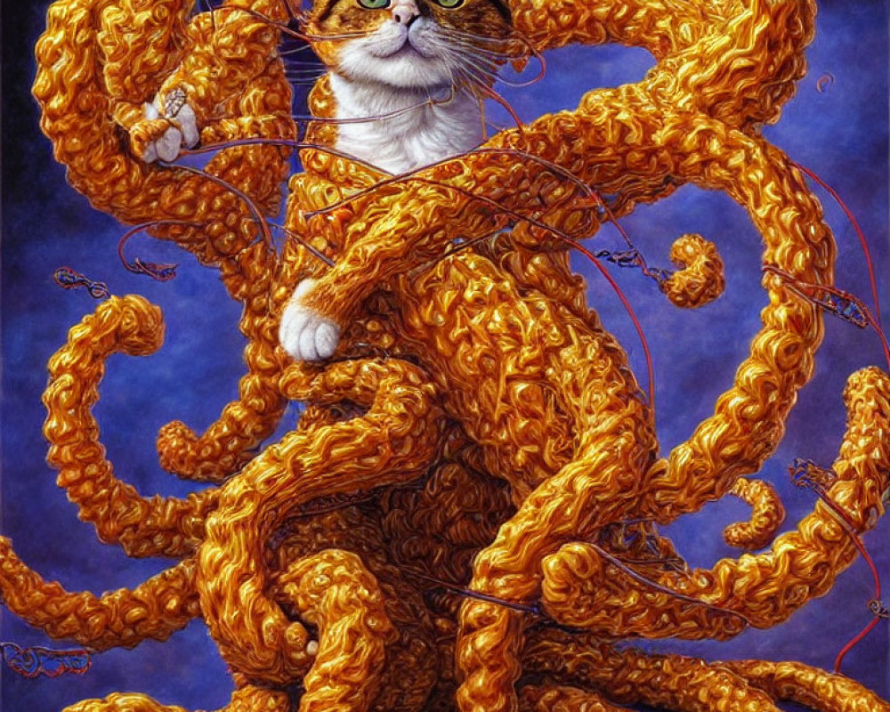 Detailed Illustration of Orange Tabby Cat with Wavy Tails on Dark Blue Background