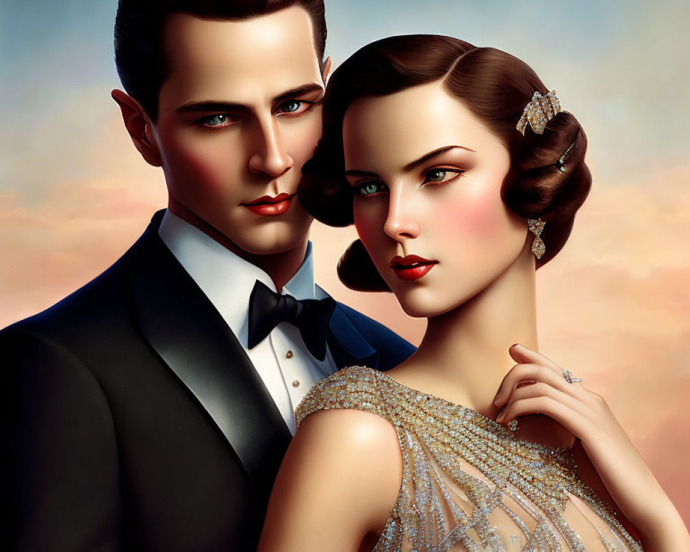 Stylized illustration of elegant couple in tuxedo and beaded gown