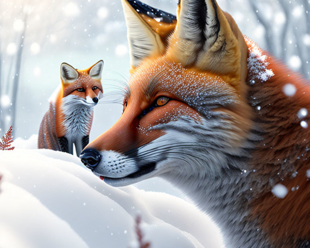 Two foxes in snowy landscape, one with snowflakes on fur, one among trees