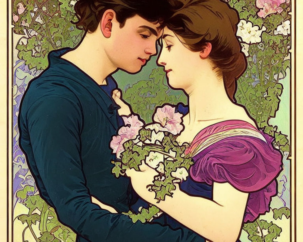 Art Nouveau-style romantic embrace with floral motifs