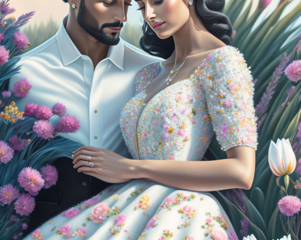 Romantic couple embrace in front of vibrant floral backdrop