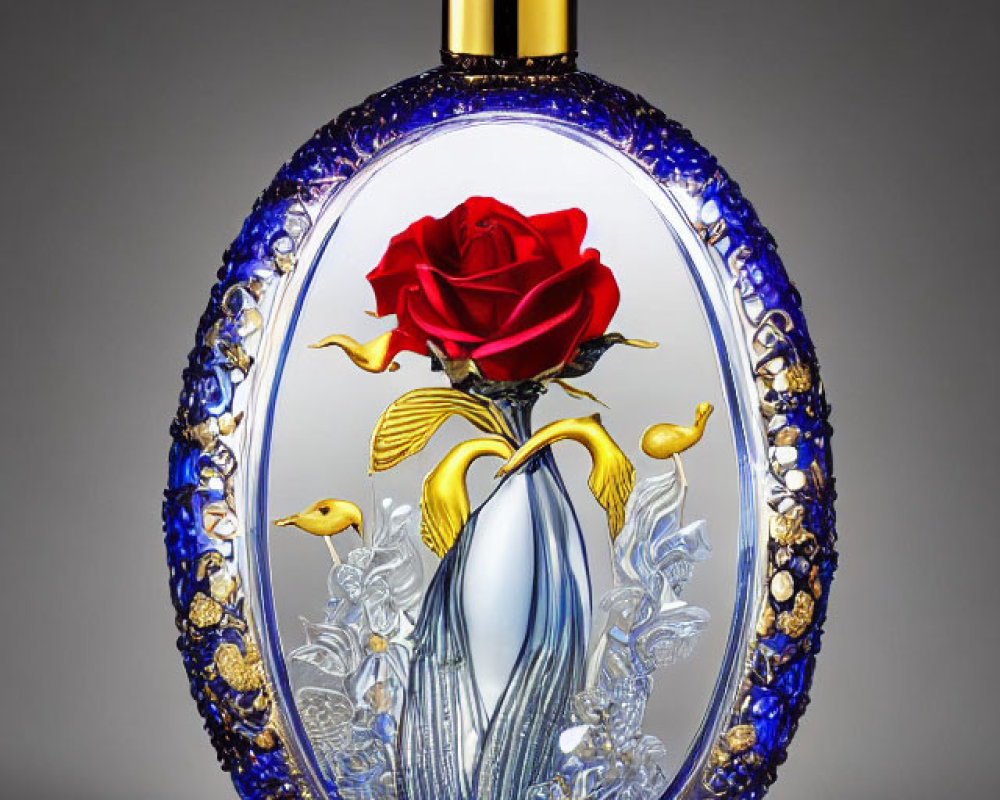 Gold-capped perfume bottle with blue ornate design and red rose on gradient background