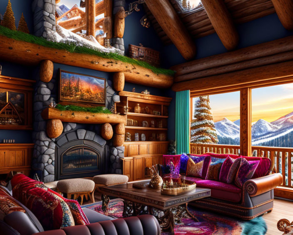 Rustic cabin interior with stone fireplace, plush sofas, wooden beams, snowy mountain view