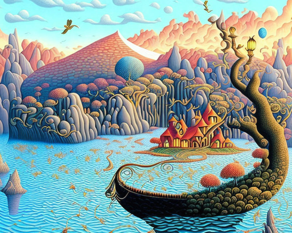 Surreal landscape with house on leaf peninsula, sea, hills, trees, and floating balloon