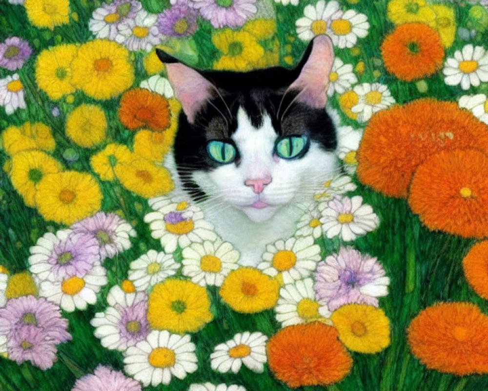 Black and White Cat with Green Eyes in Colorful Flower Field