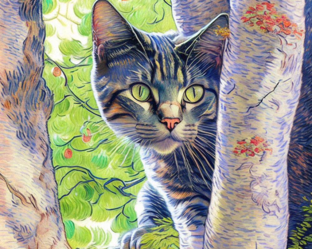 Tabby cat peeking through textured, colorful trees in stylized art