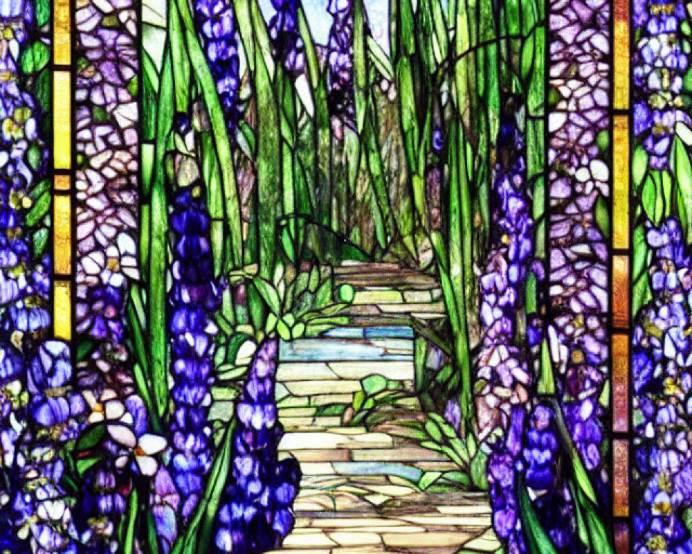 Colorful stained glass window with garden path, blue and white flowers, green foliage, and stone walk