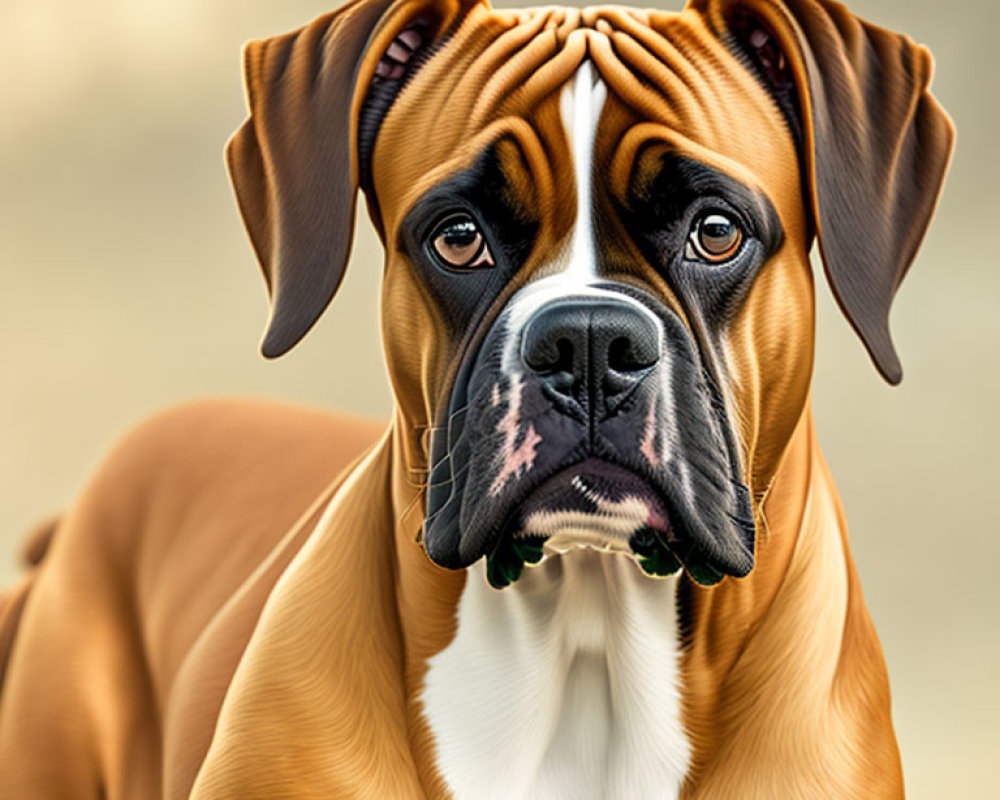 Brown and White Boxer Dog with Contemplative Expression and Distinctive Fur Wrinkles