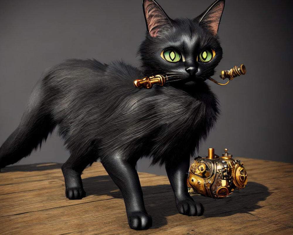 Black Cat with Green Eyes Next to Steampunk Device on Wooden Surface