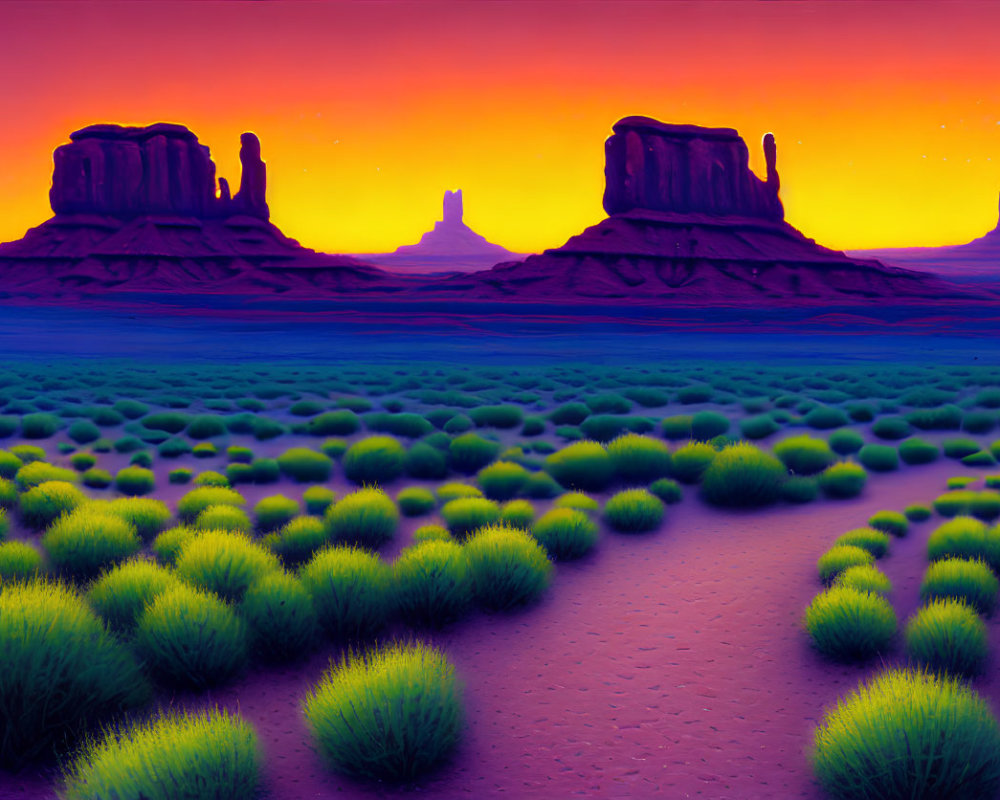 Twilight desert landscape with iconic buttes and winding path