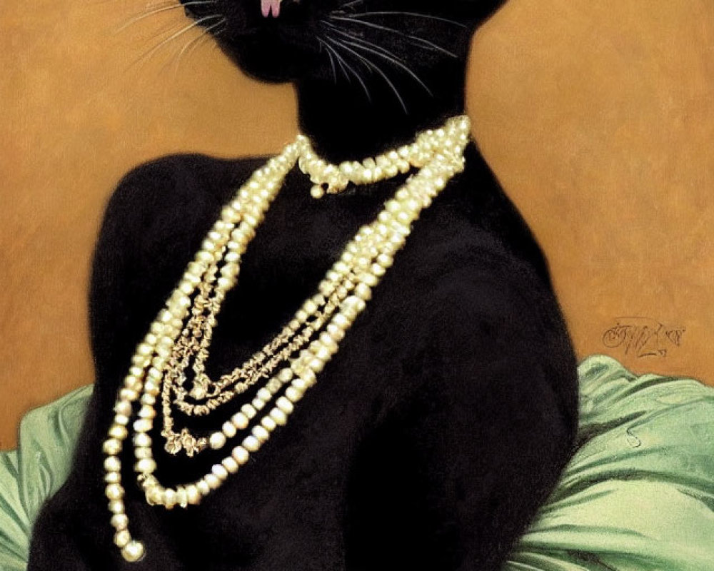 Black Cat with Pearl Necklace and Floral Crown on Tan Background