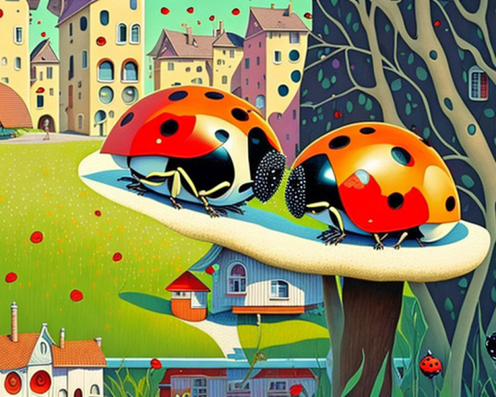 Stylized ladybugs on mushroom with colorful background