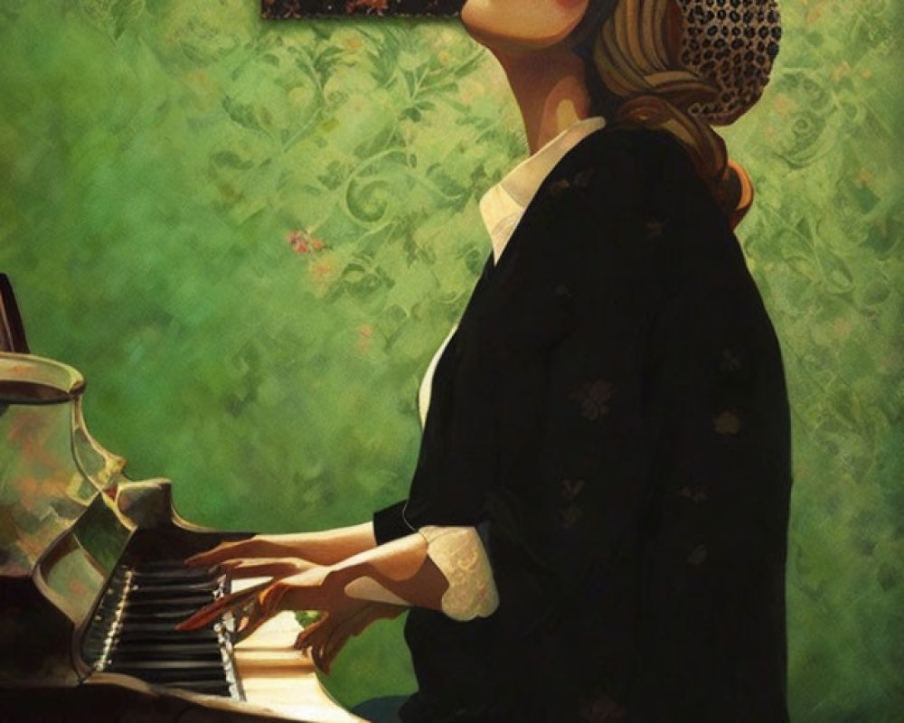 Stylized painting of woman playing piano in floral wallpaper room