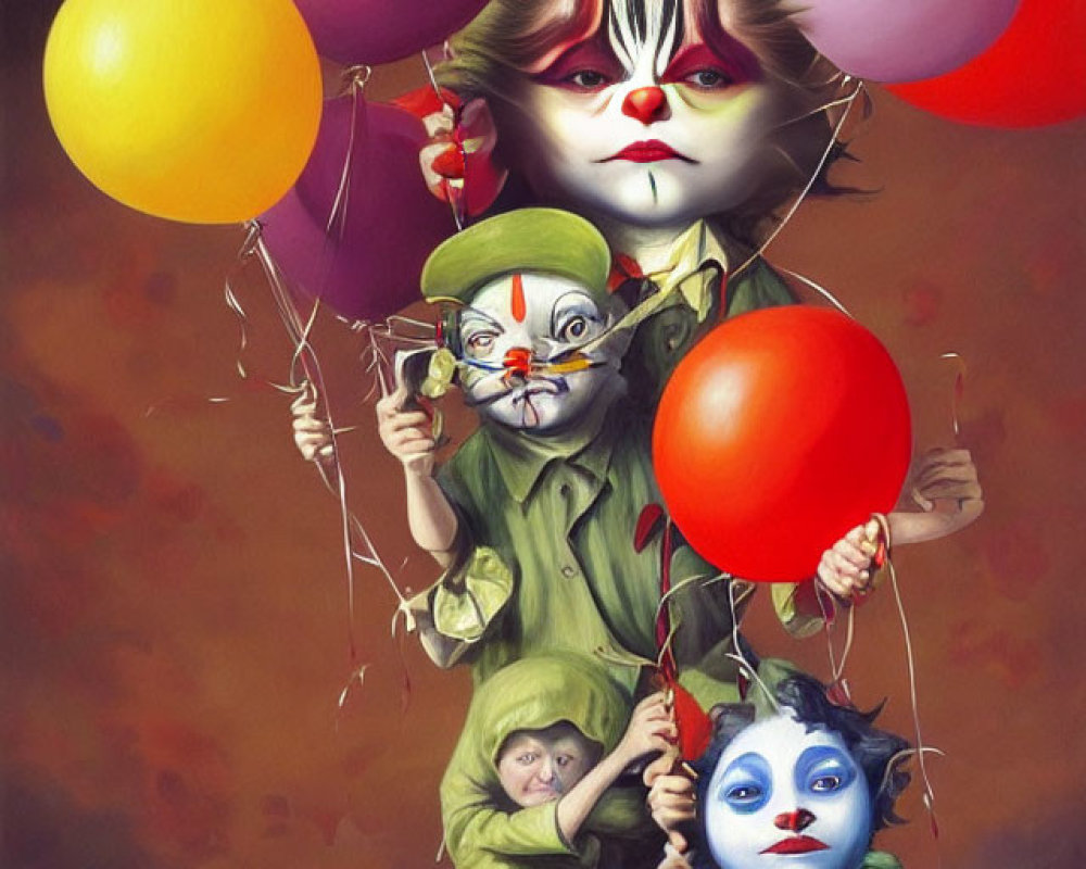 Anthropomorphic Cats in Clown Makeup with Balloons in Surreal Painting