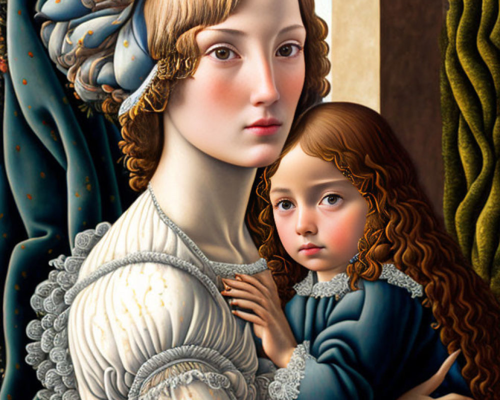 Classic Art: Woman and Child in Serene Pose with Detailed Clothing