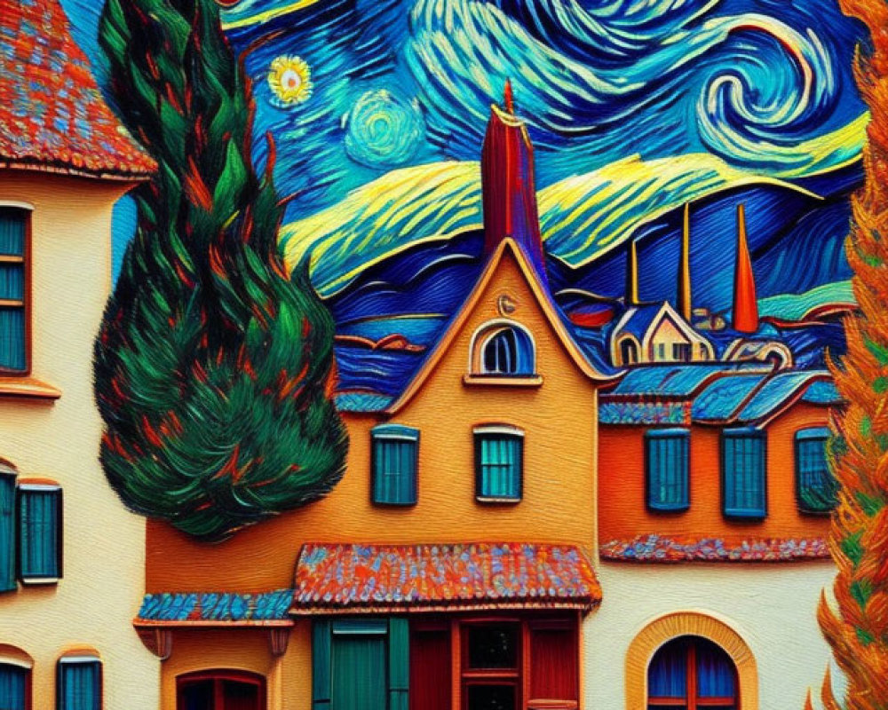 Colorful Night Sky & Quaint Houses Illustration