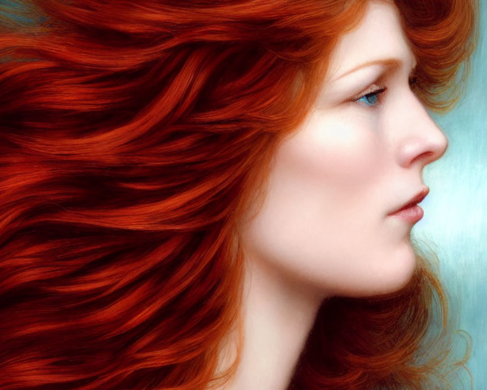 Profile Portrait of Woman with Flowing Red Hair on Blue Background