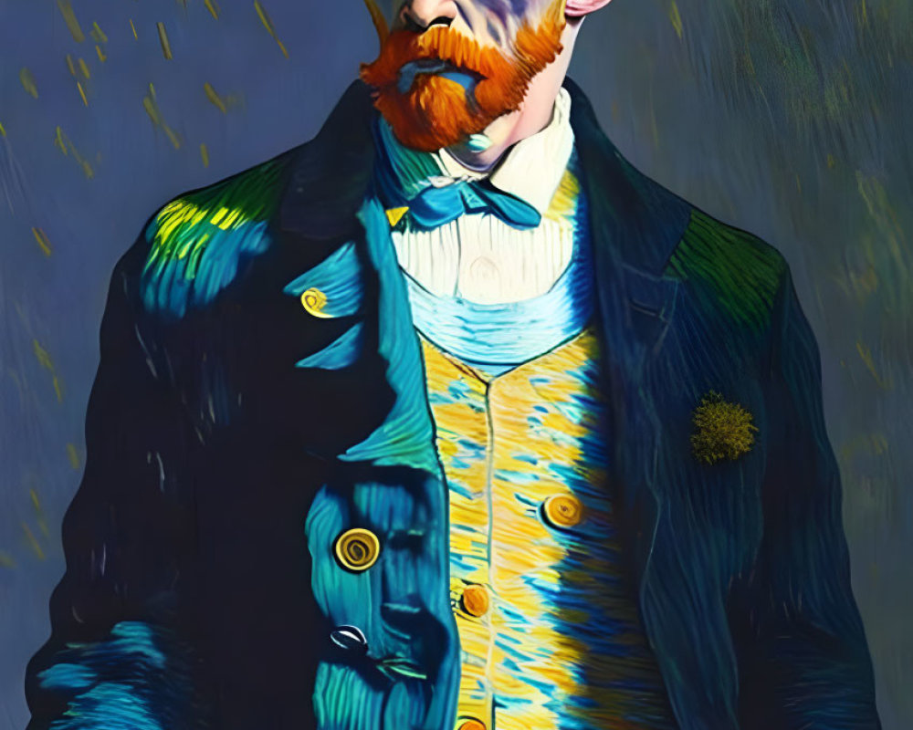 Colorful portrait of a bearded man with dynamic brushstrokes and blue-yellow contrast