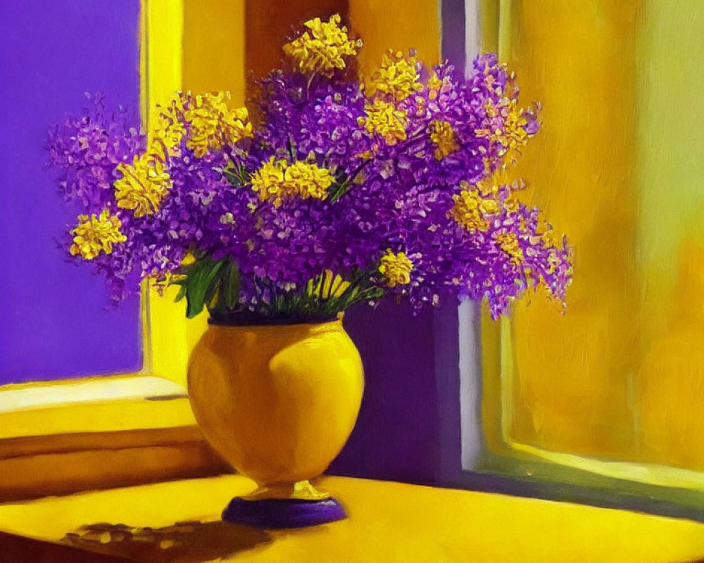 Colorful painting: Yellow vase, purple flowers, sunlit table, yellow curtains