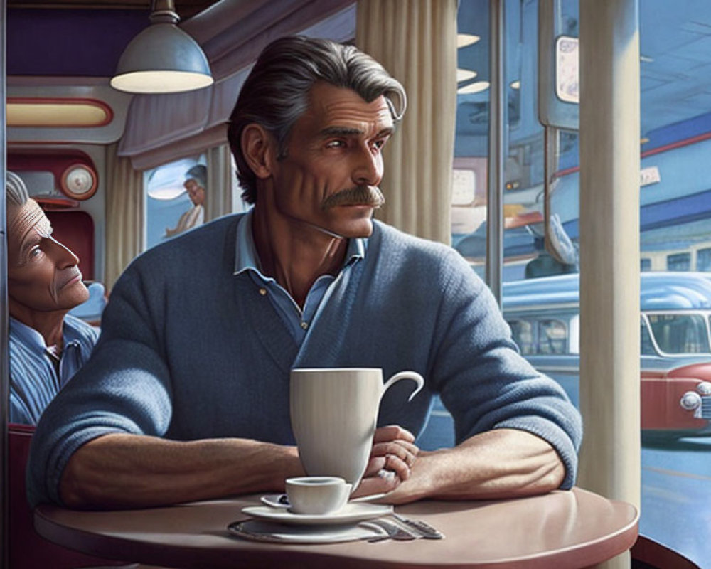 Middle-aged man with mustache in diner holding coffee cup, vintage cars outside