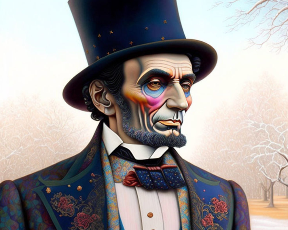 Colorful Stylized Portrait of Abraham Lincoln in Starry Top Hat & Floral Suit Against Barren