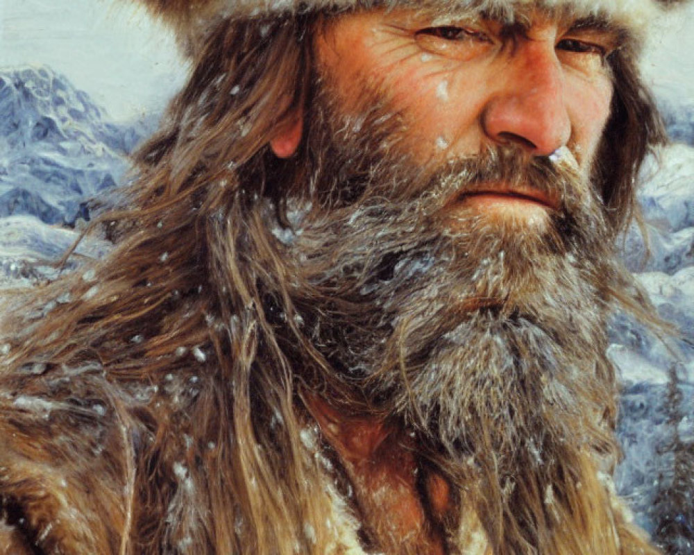 Bearded man in fur hat and coat against snowy mountain landscape