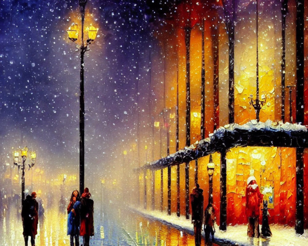 Colorful painting of people walking in snowy evening cityscape