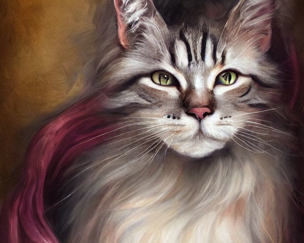 Majestic long-haired cat with green eyes and pink drape