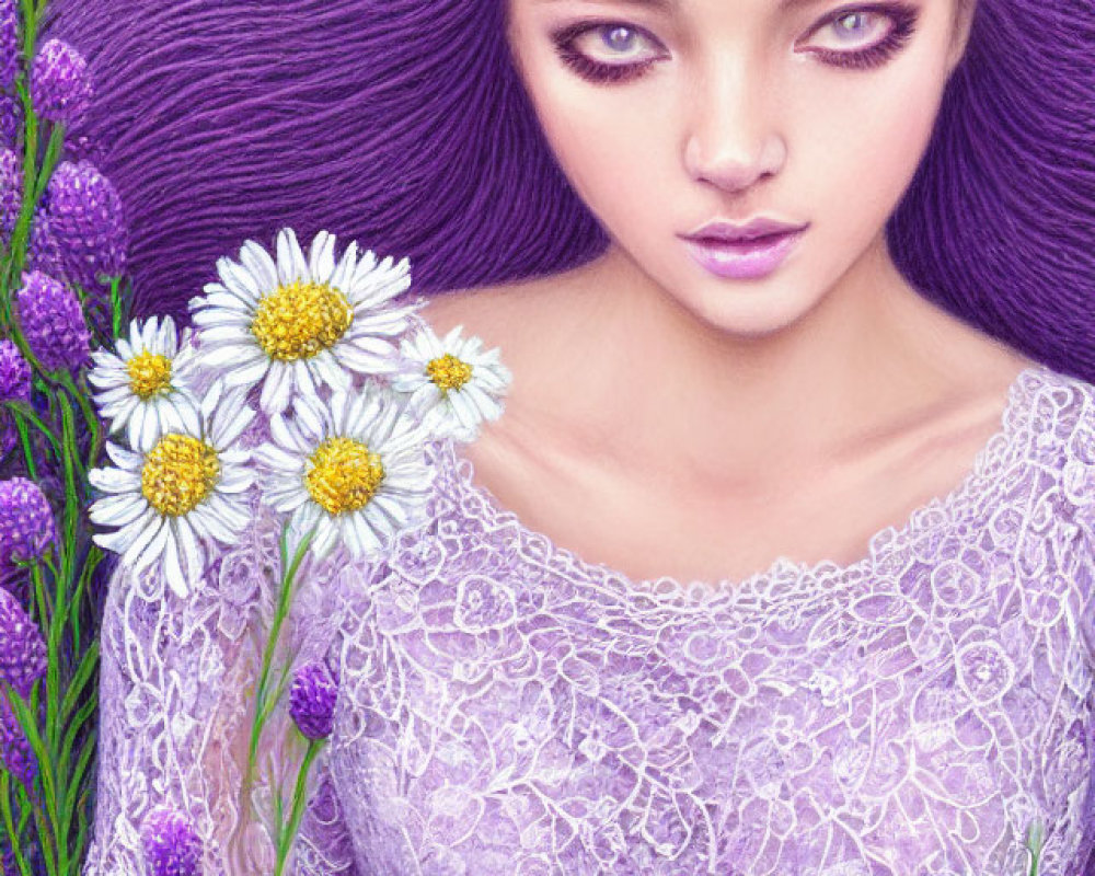 Surreal portrait of woman with purple hair and lace dress among violet and white flowers