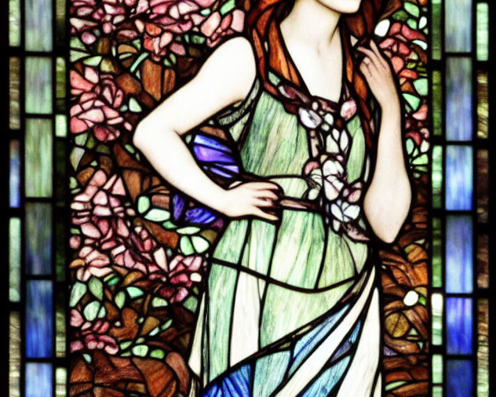 Vibrant stained glass artwork of woman with red hair and floral background