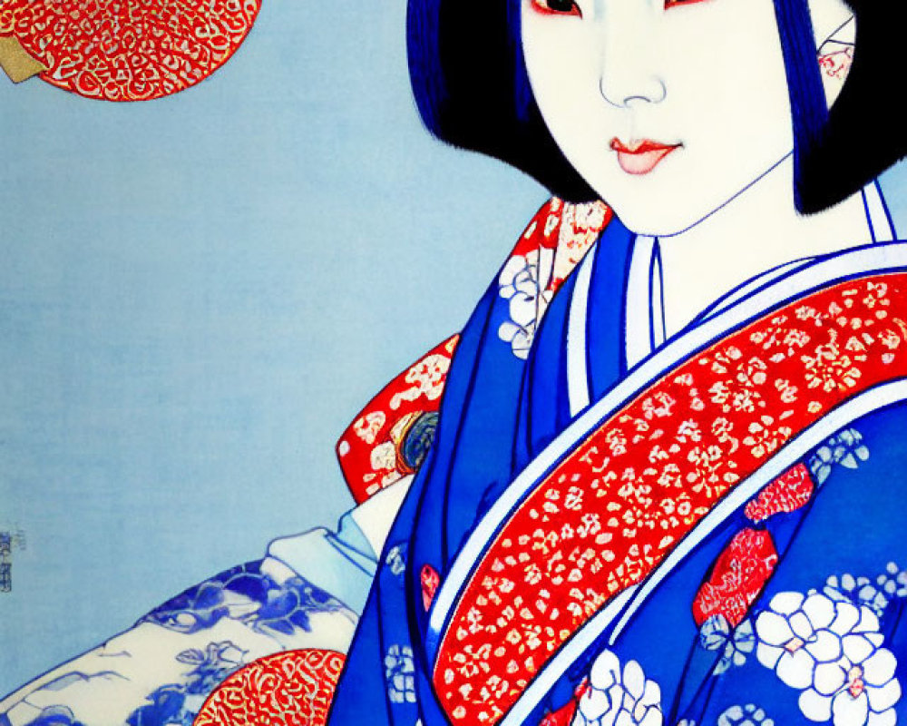 Traditional Japanese Woodblock Print of Geisha in Blue and Red Kimono