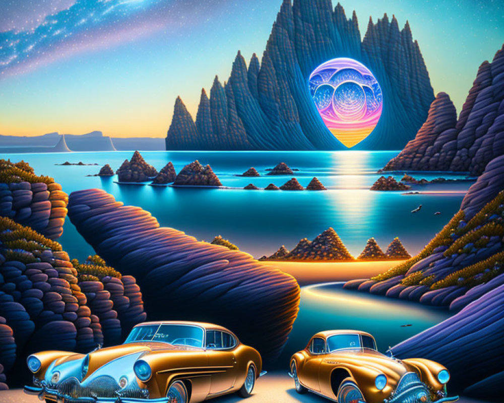 Surreal landscape with classic cars, luminous sea, moon, and swirling vortex