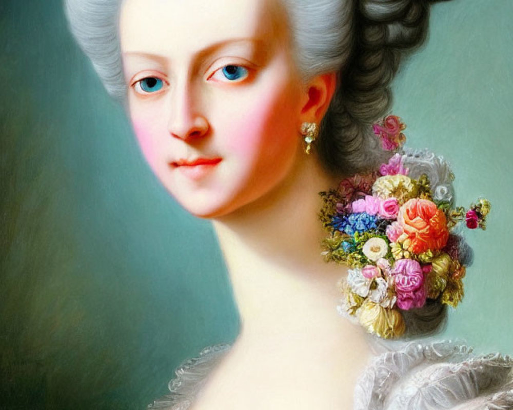 Woman in High-Powdered Wig and Floral Dress Portrait