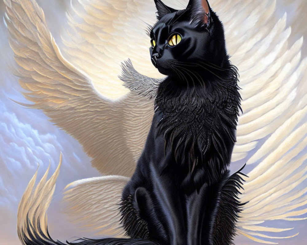 Black Cat with White Wings Curled Tail on Feathered Background