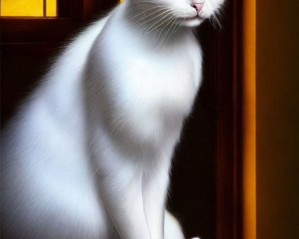 White Cat with Green Eyes on Yellow-Tinted Window Sill