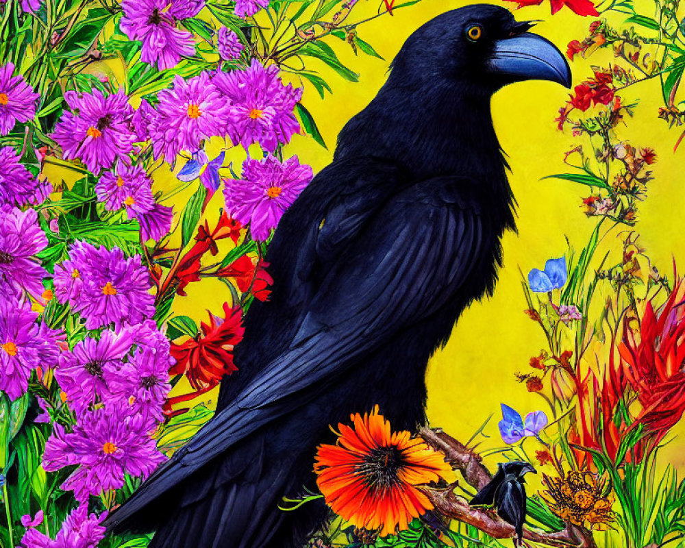 Colorful floral background with black crow perched on branch