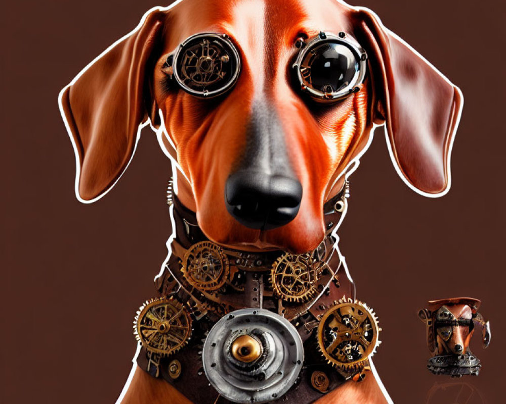 Steampunk-Inspired Dog and Cup with Gears on Brown Background