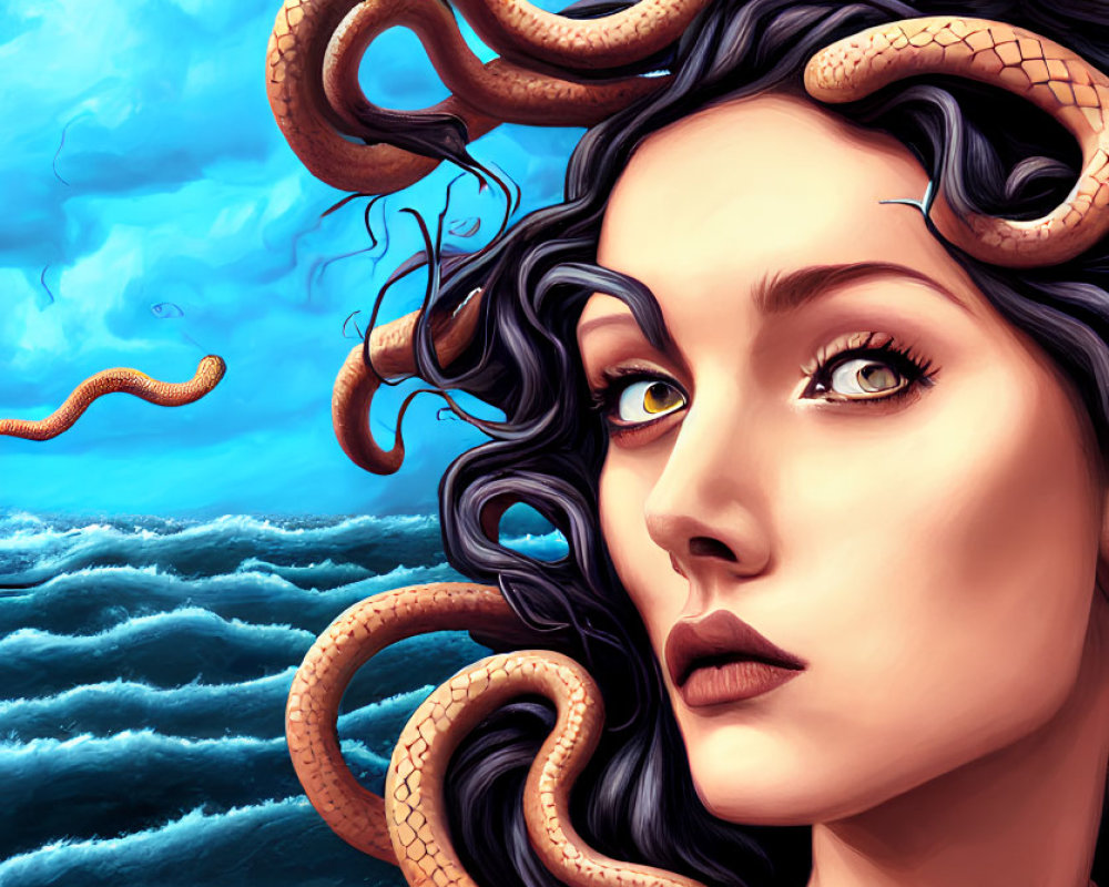 Digital artwork: Woman with snake hair in stormy sea setting