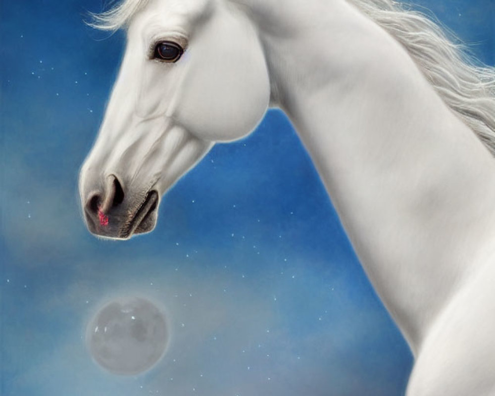 White horse with flowing mane under crescent moon and translucent globe