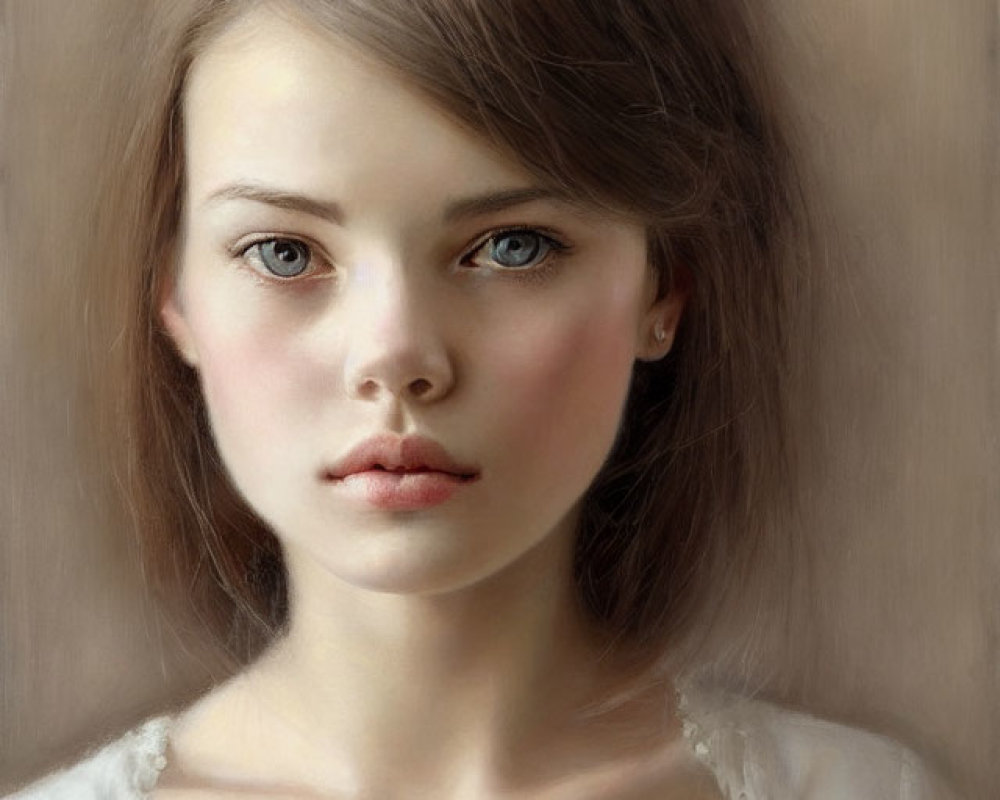 Realistic portrait of young woman with blue eyes and brown hair