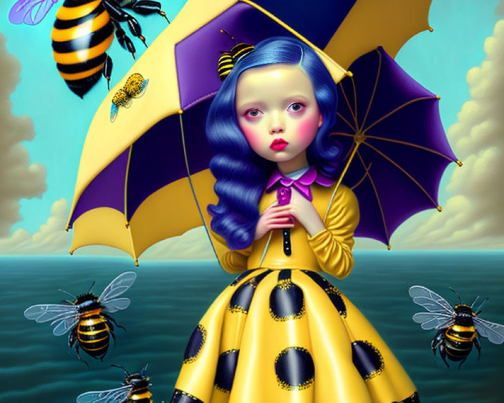 Stylized illustration of a girl with blue hair holding umbrella surrounded by bees