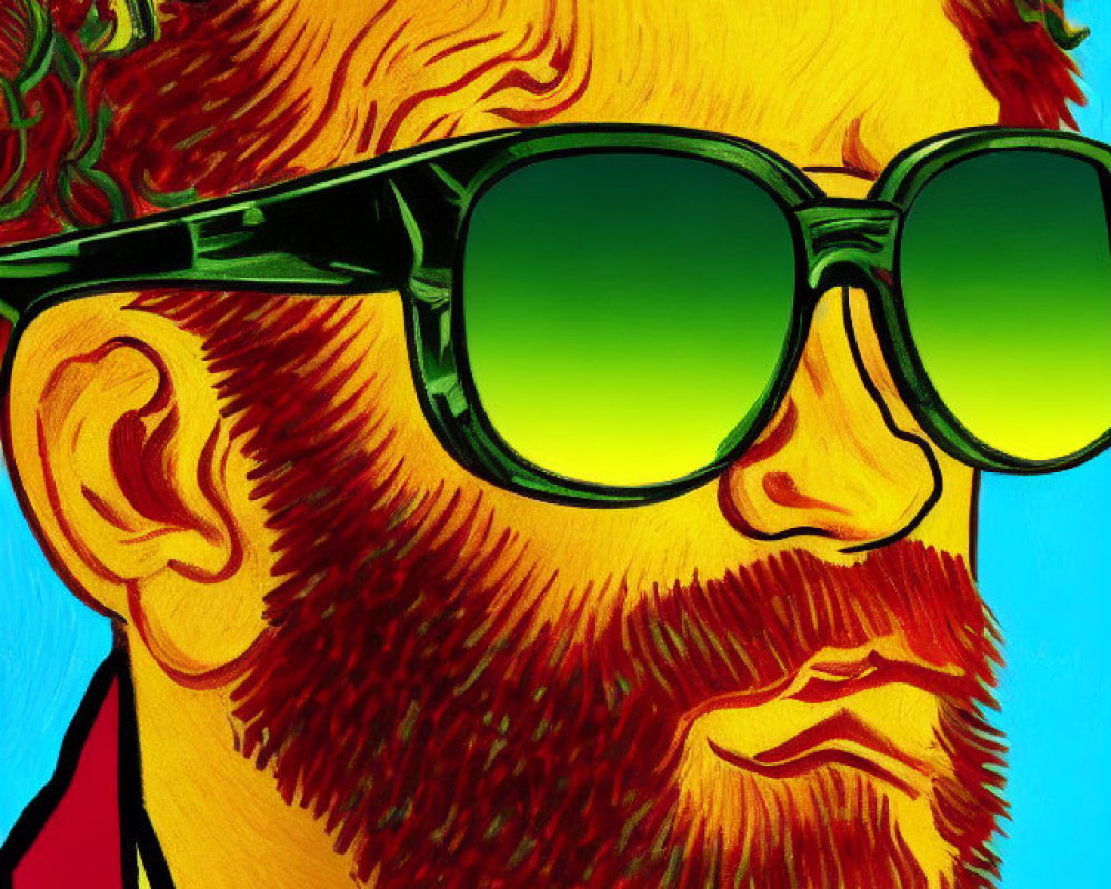 Man with Curly Beard and Sunglasses in Red Jacket on Turquoise Pop Art Background