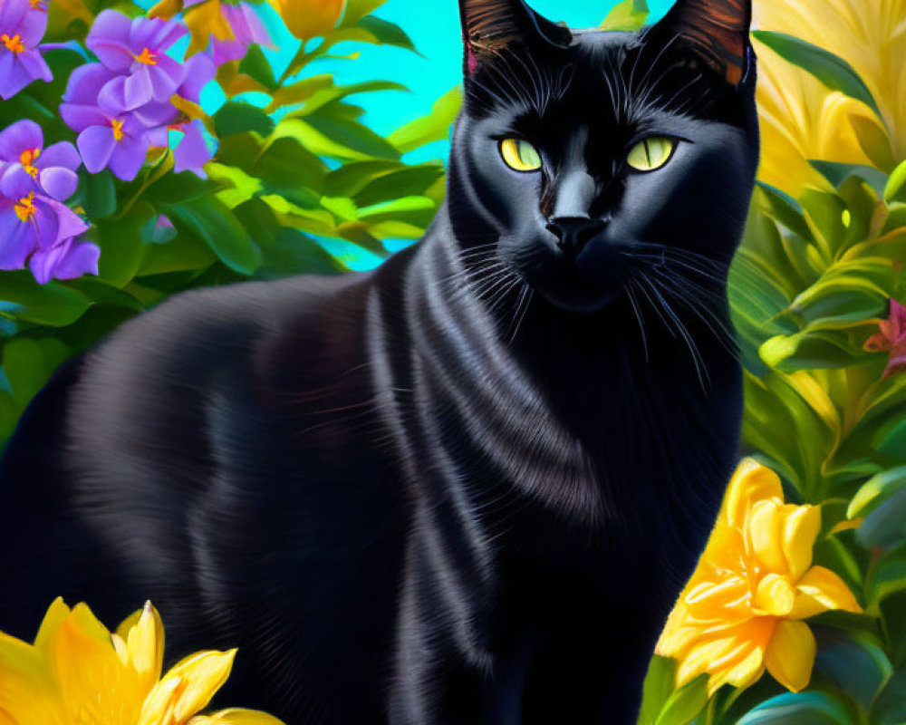 Black Cat with Yellow Eyes Surrounded by Vibrant Flowers on Blue Background