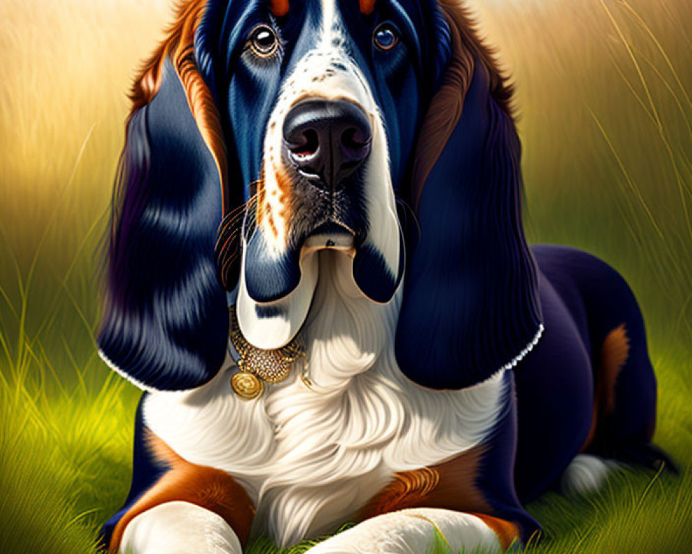 Basset Hound illustration: dark eyes, long ears, in golden grass